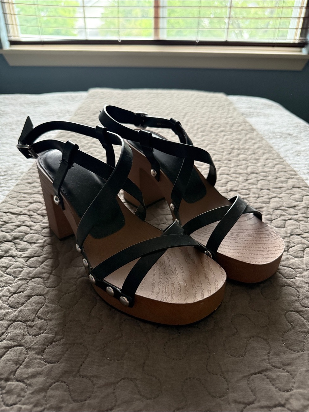 H&M Black Leather Strappy Platform Sandals with Brown Wood-Look Sole